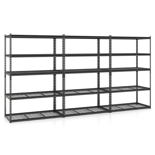 Set of three 5-tier metal shelving units with adjustable wire racks, each supporting up to 2000 lbs for outdoor storage.