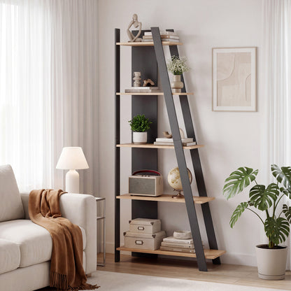Gray 5-tier modern bookshelf by Wilsons Home Store, narrow vertical design for small spaces, ideal for home office or living room.