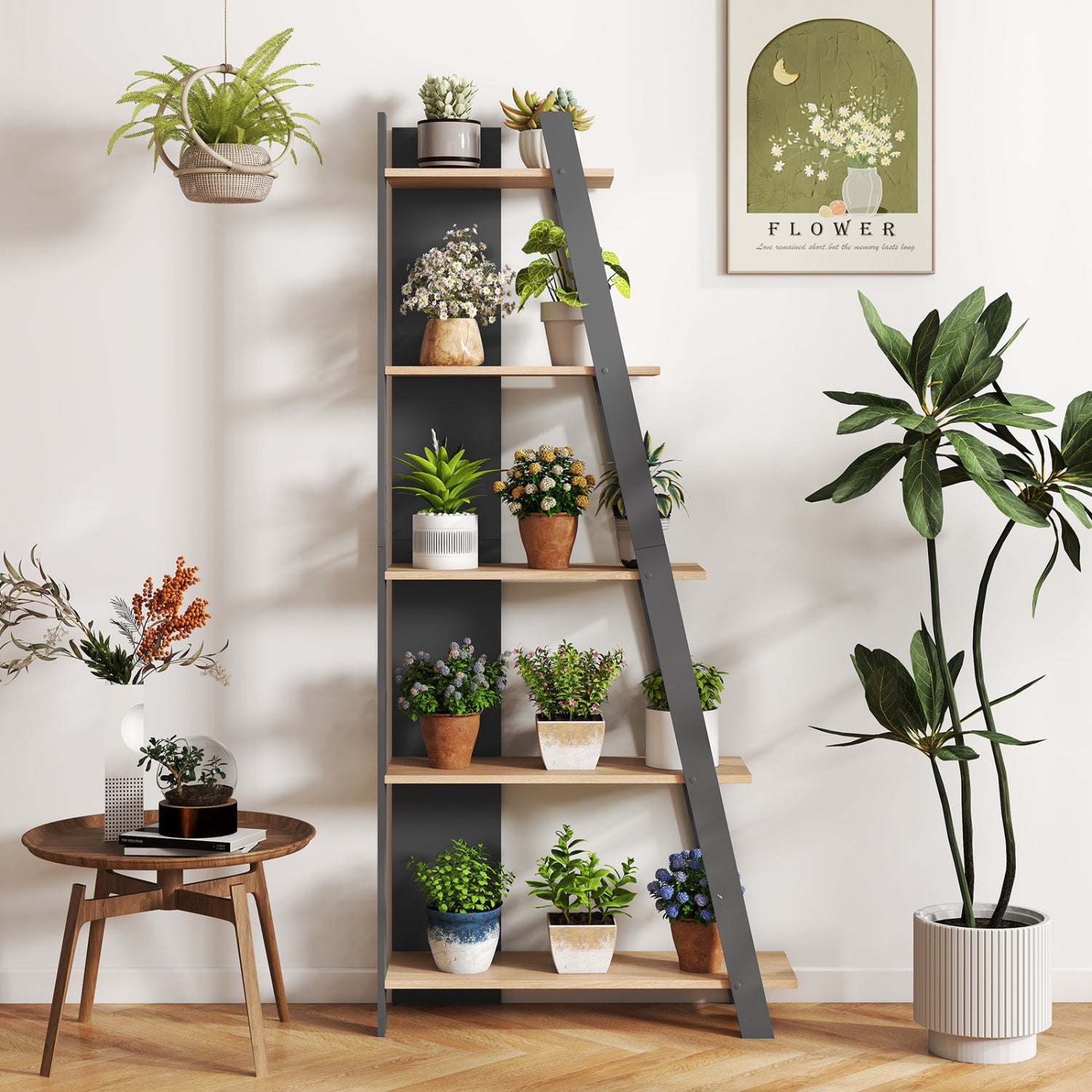 Gray 5-tier modern bookshelf by Wilsons Home Store, narrow vertical display shelf for small home or office spaces.
