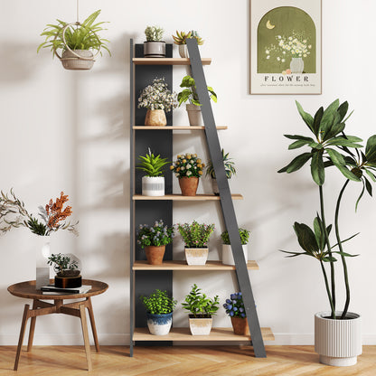 Gray 5-tier modern bookshelf by Wilsons Home Store, narrow vertical display shelf for small home or office spaces.