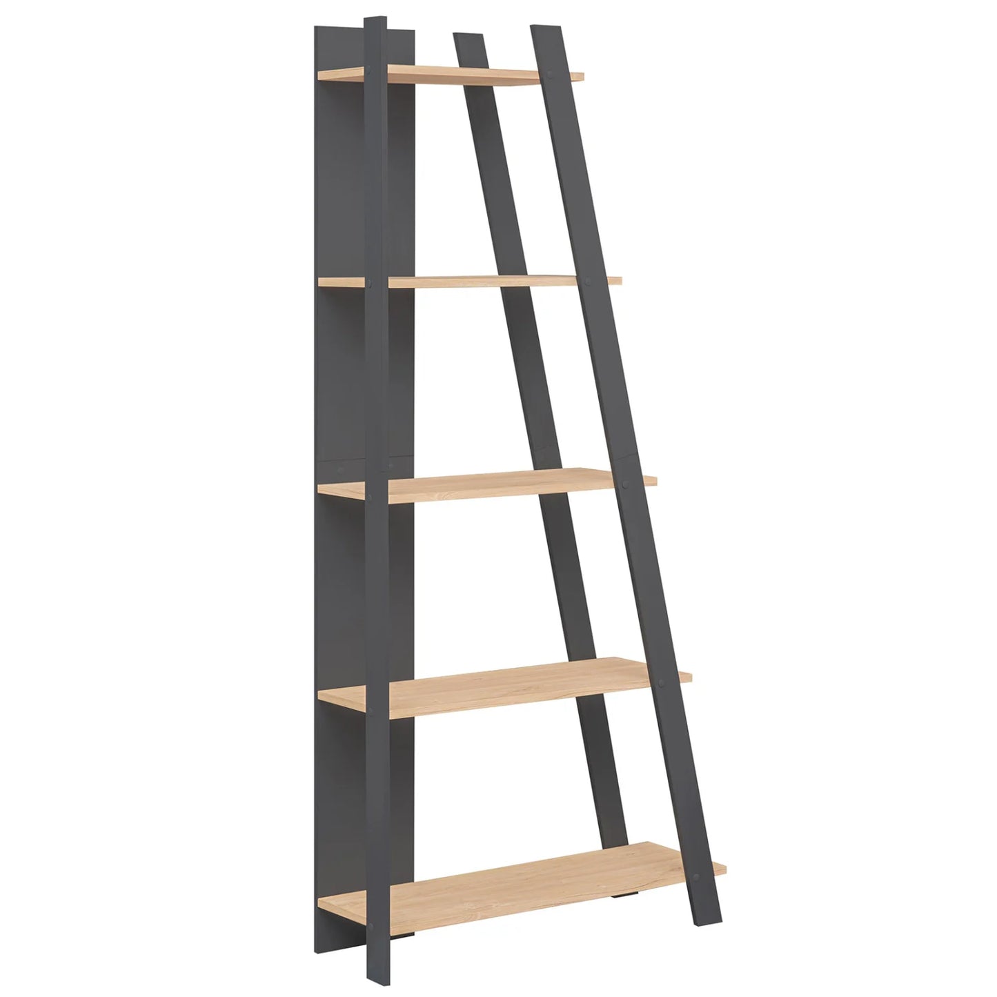 Gray 5-tier modern bookshelf by Wilsons Home Store, narrow vertical design for small spaces, ideal for home office or living room.