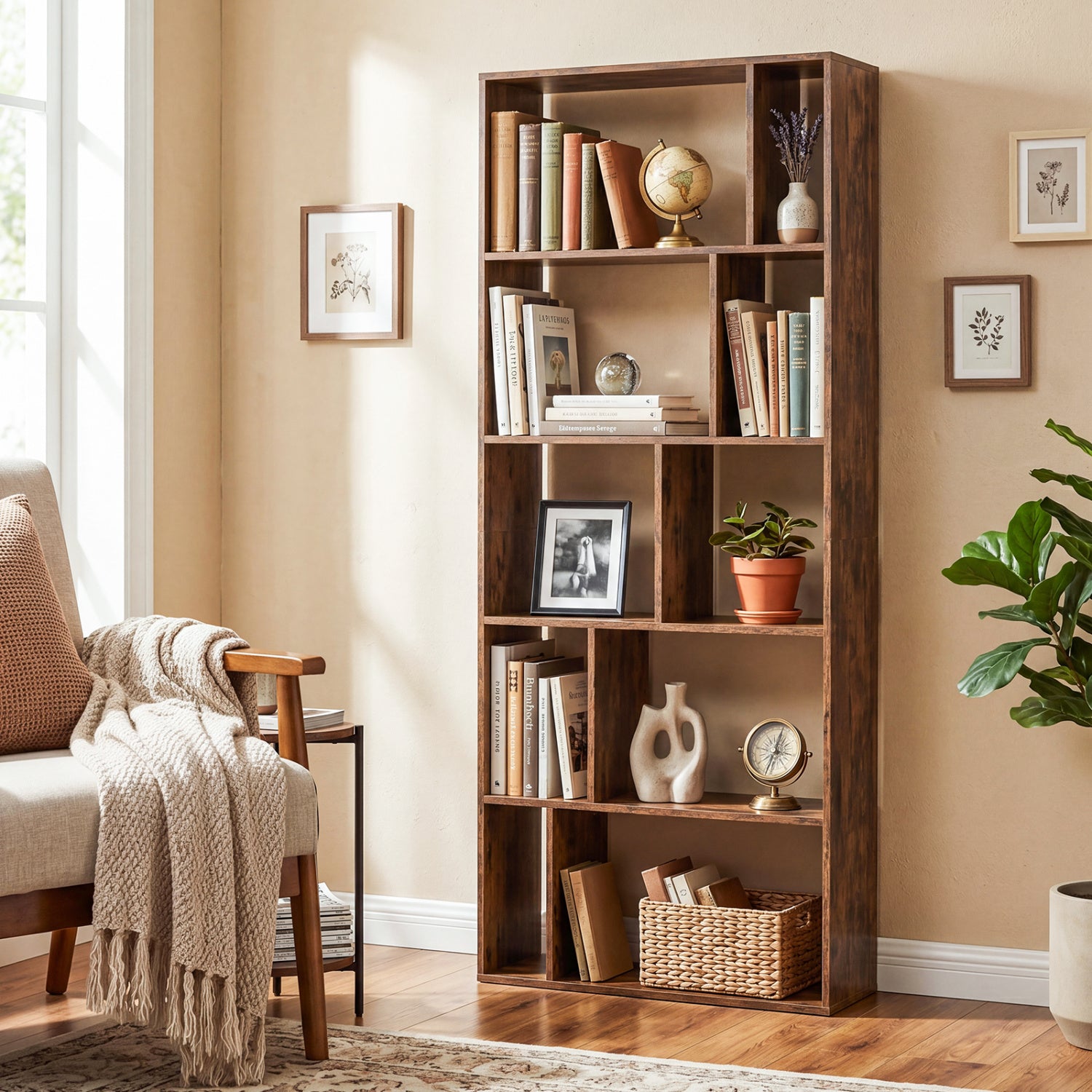 Brown 5-tier modern bookshelf with open back and anti-tipping kits, ideal for home office storage and organization.