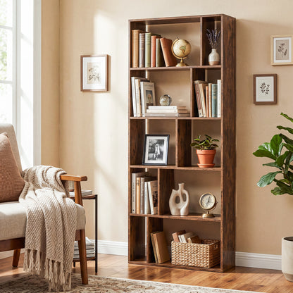 Brown 5-tier modern bookshelf with open back and anti-tipping kits, ideal for home office storage and organization.