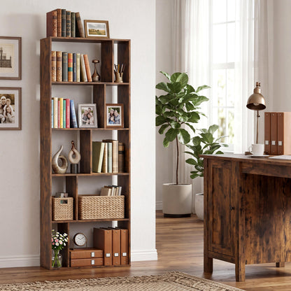 Brown 5-tier modern bookshelf with open back and anti-tipping kits, ideal for home office storage and organization.