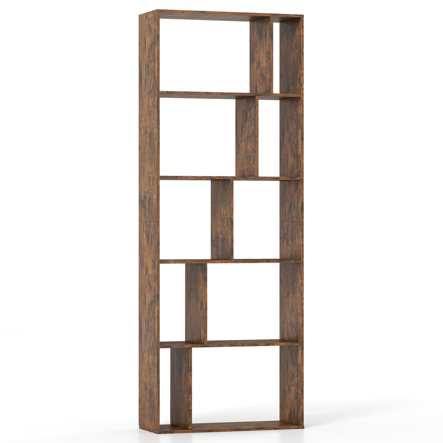 Brown 5-tier modern bookshelf with open back and anti-tipping kits, ideal for home office storage and organization.