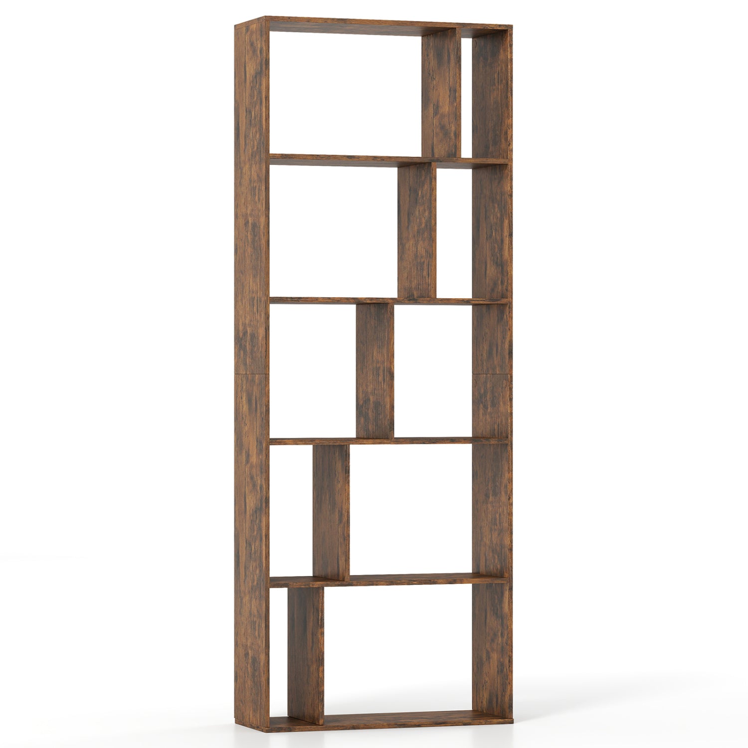 Brown 5-tier modern bookshelf with open back and anti-tipping kits, ideal for home office storage and organization.
