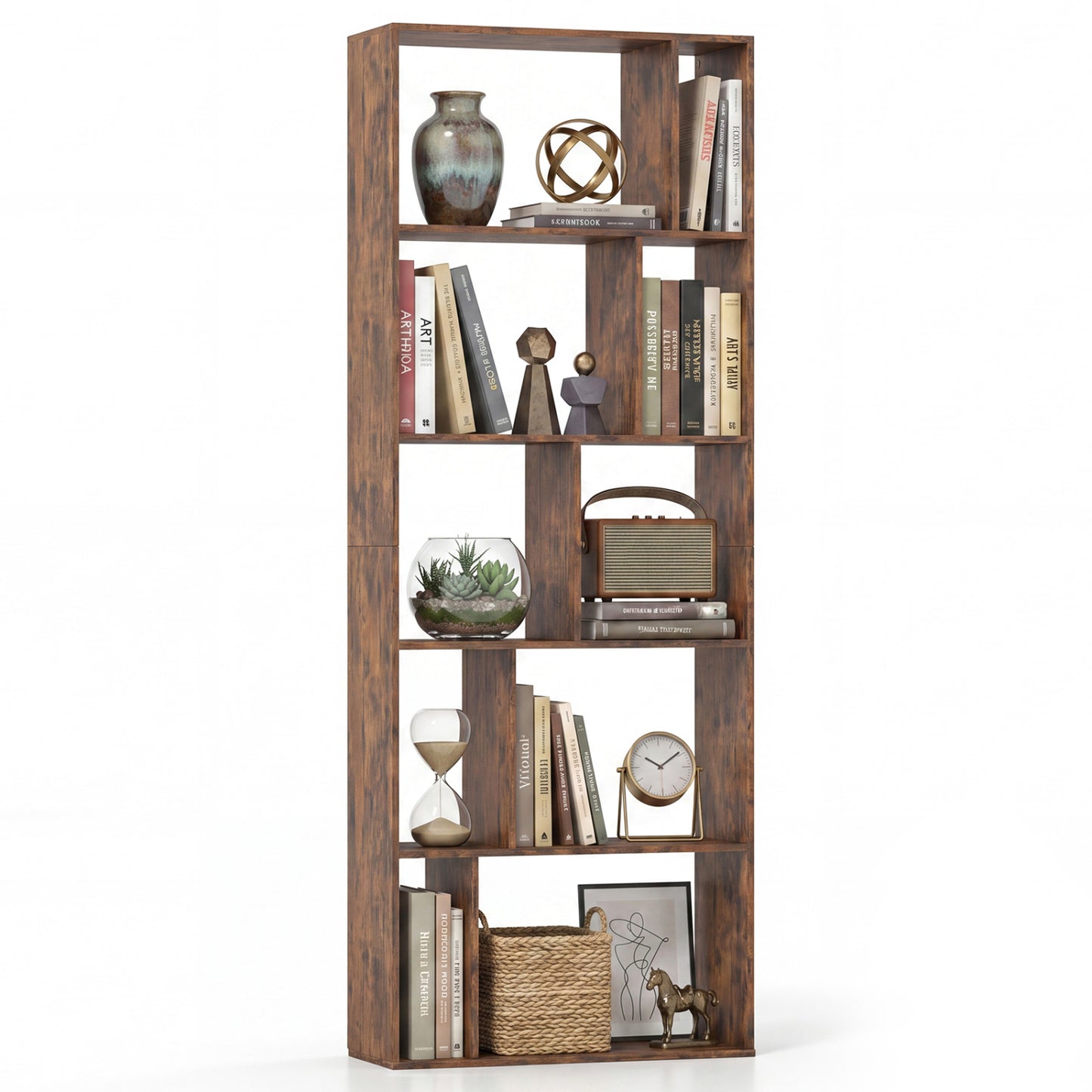 Brown 5-tier modern bookshelf with open back and anti-tipping kits, ideal for home office storage and organization.