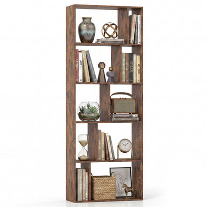 Brown 5-tier modern bookshelf with open back and anti-tipping kits, ideal for home office storage and organization.