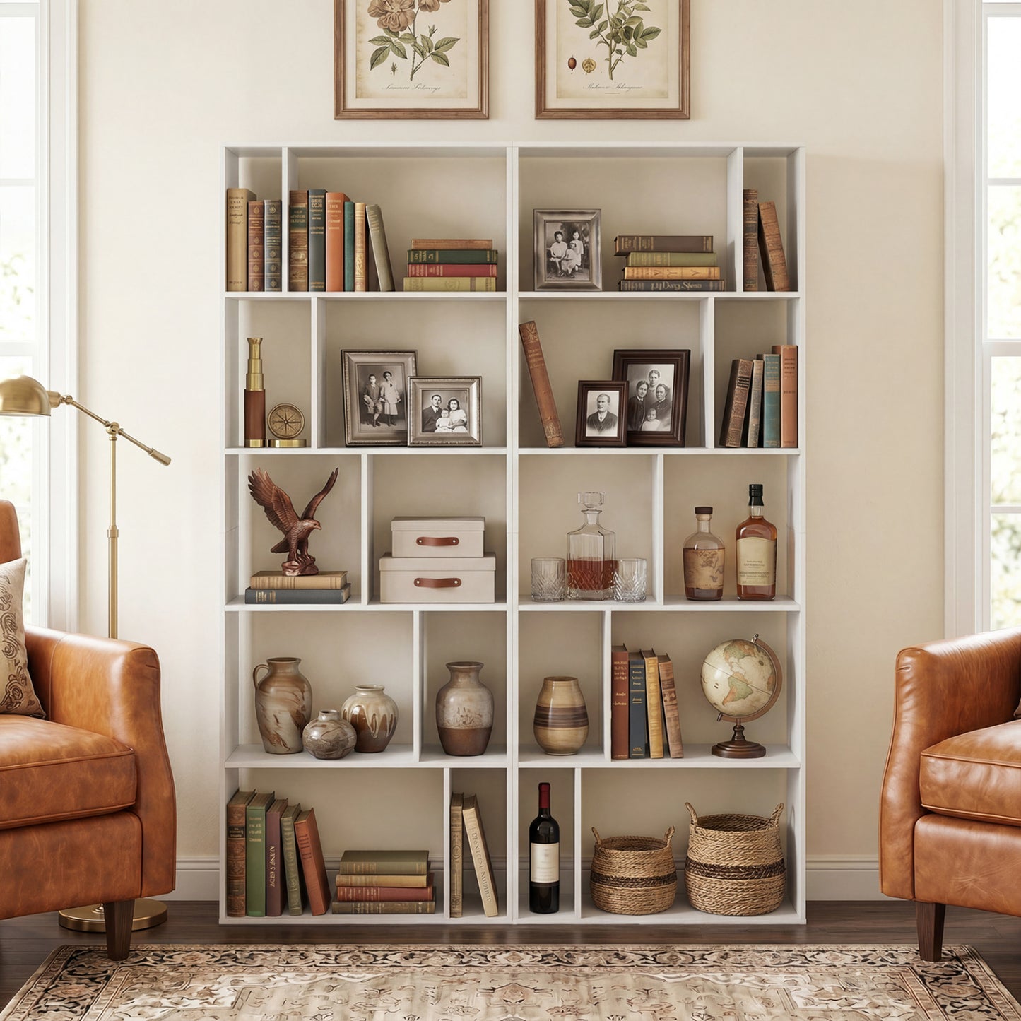 Brown 5-tier modern bookshelf with open back and anti-tipping kits, ideal for home office storage and organization.