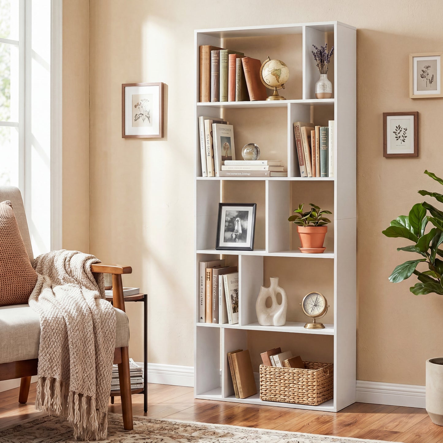 Brown 5-tier modern bookshelf with open back and anti-tipping kits, ideal for home office storage and organization.