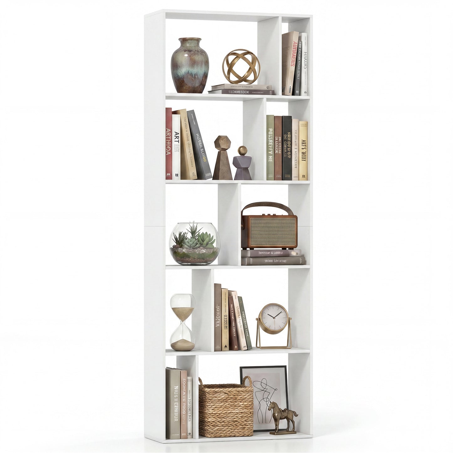 Brown 5-tier modern bookshelf with open back and anti-tipping kits, ideal for home office storage and stylish organization.