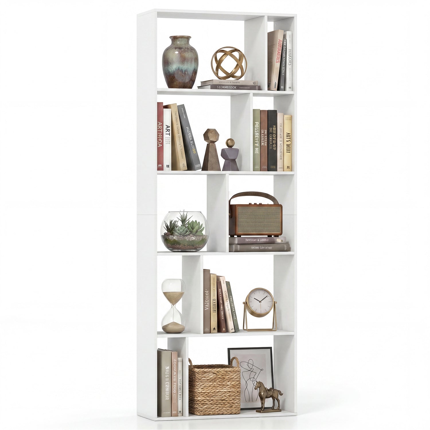 Brown 5-tier modern bookshelf with open back and anti-tipping kits, ideal for home office storage and stylish organization.