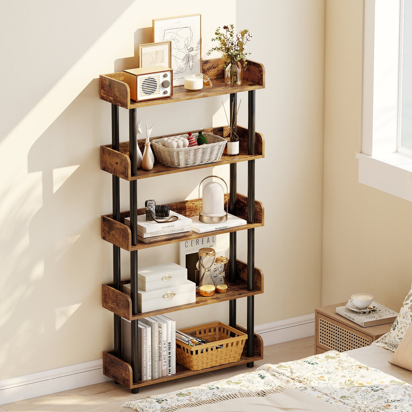 5-Tier Open Bookcase with Industrial Storage Unit-Black