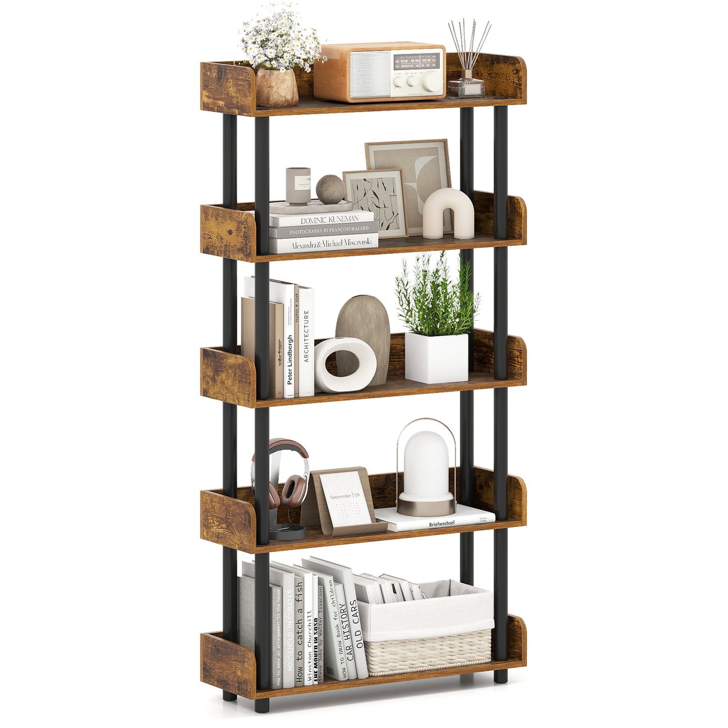 5-Tier Open Bookcase with Industrial Storage Unit-Black
