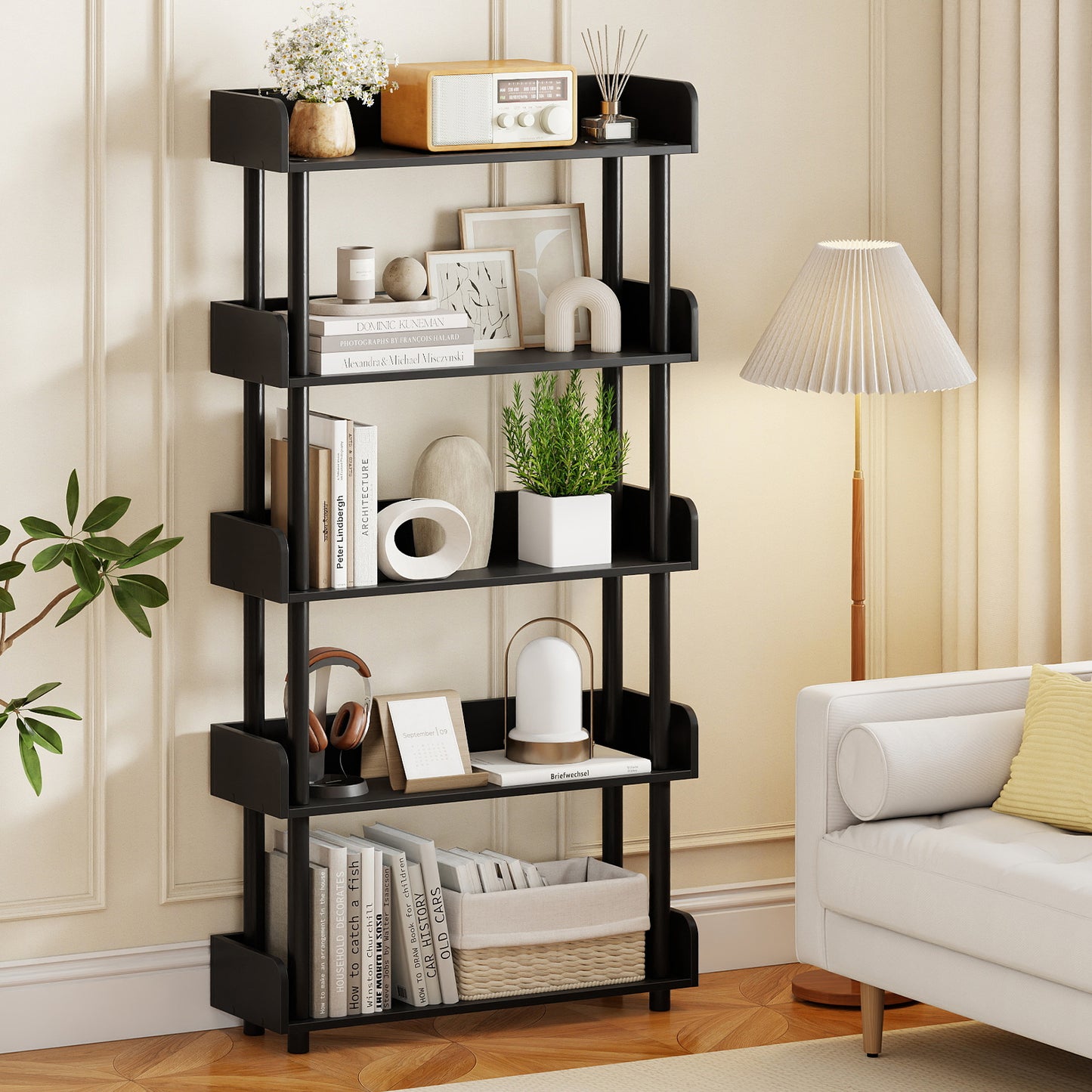 5-Tier Open Bookcase with Industrial Storage Unit-Black