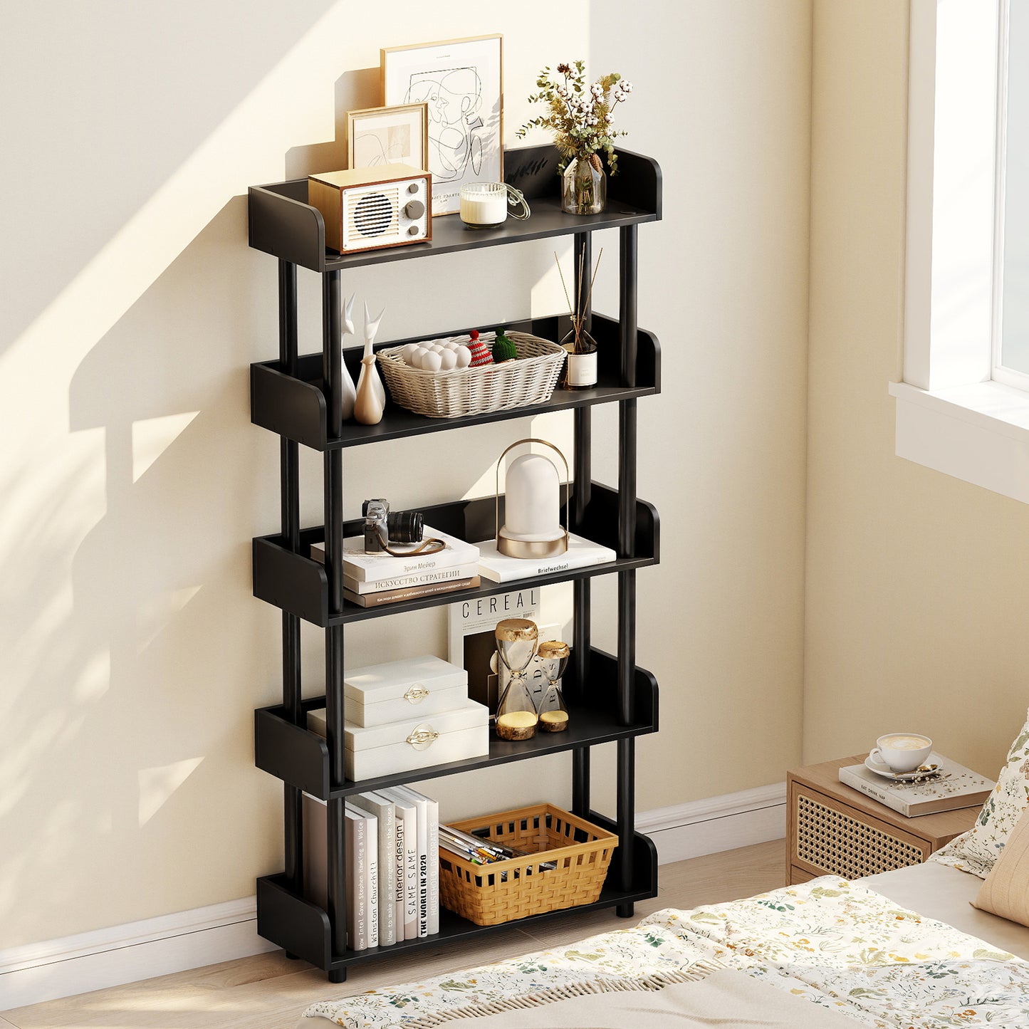 5-Tier Open Bookcase with Industrial Storage Unit-Black
