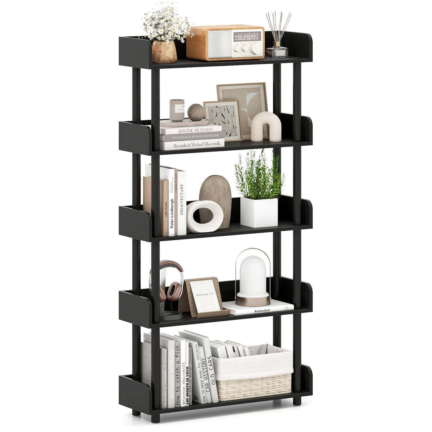 5-Tier Open Bookcase with Industrial Storage Unit-Black