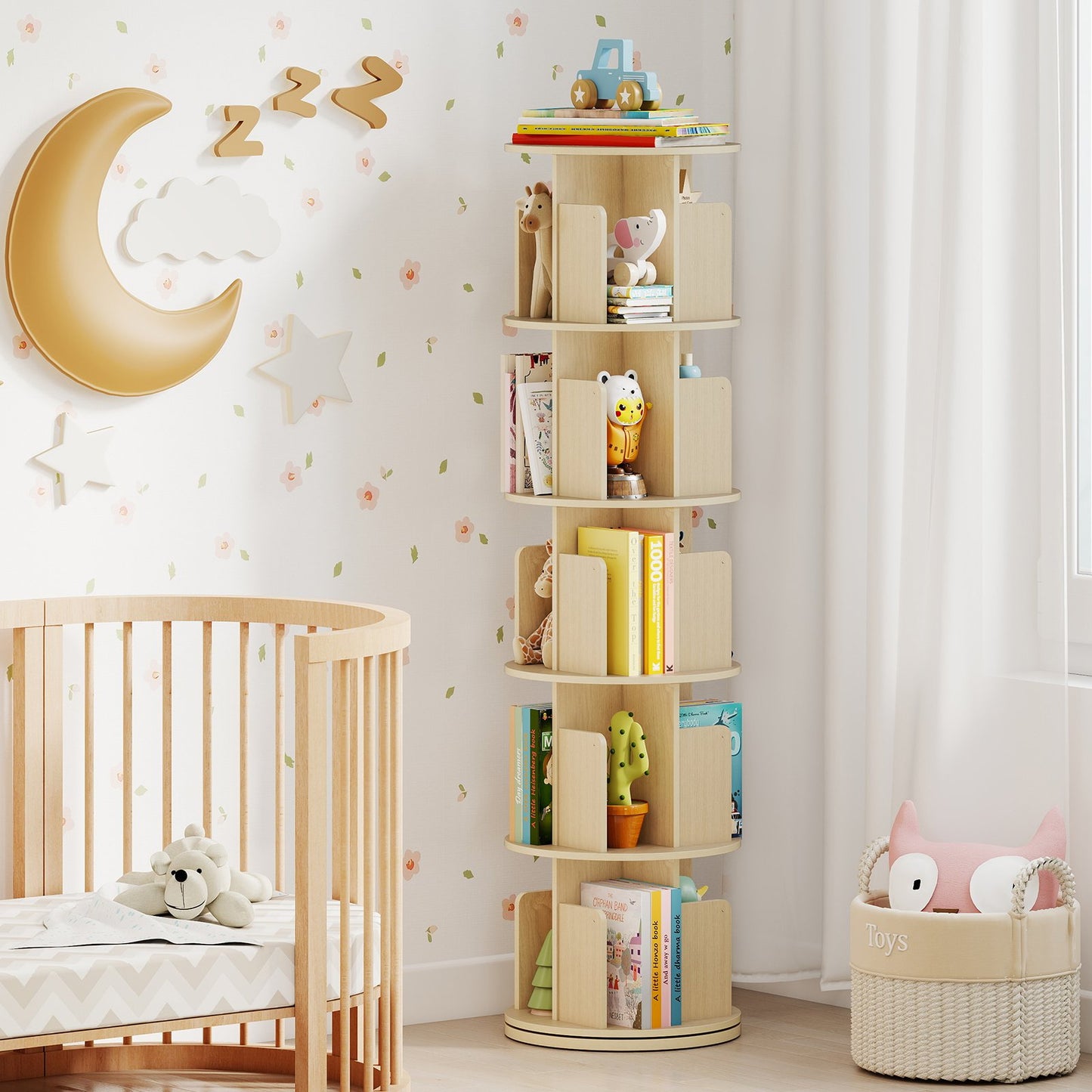 5-Tier Rotating Bookshelf 360° Display Rack with Dividers and Anti-falling Baffles-Natural