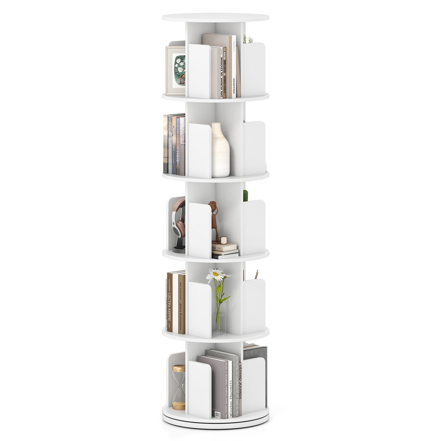 5-Tier Rotating Bookshelf 360° Display Rack with Dividers and Anti-falling Baffles-Natural
