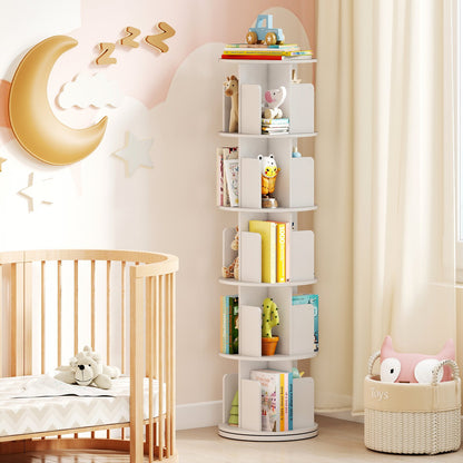 5-Tier Rotating Bookshelf 360° Display Rack with Dividers and Anti-falling Baffles-Natural