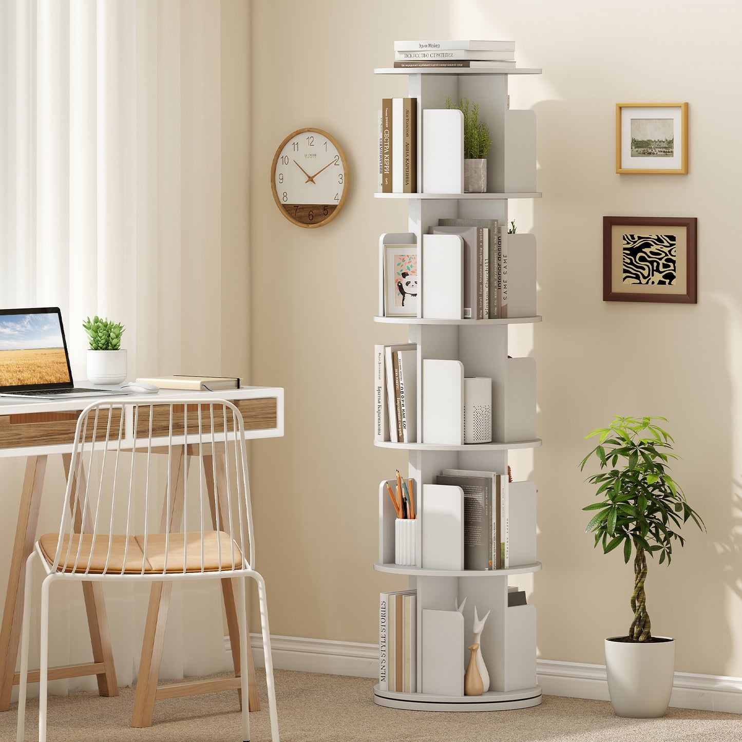 5-Tier Rotating Bookshelf 360° Display Rack with Dividers and Anti-falling Baffles-Natural