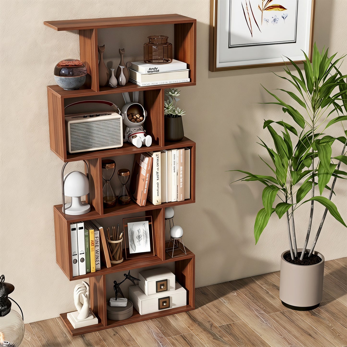 5-Tier S-Shaped Bookshelf with Anti-Tip Kit for Living Room Home Office-Walnut