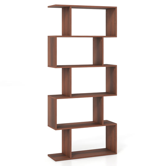 Walnut 5-tier S-shaped bookshelf with anti-tip kit, ideal for living room or home office storage and display.