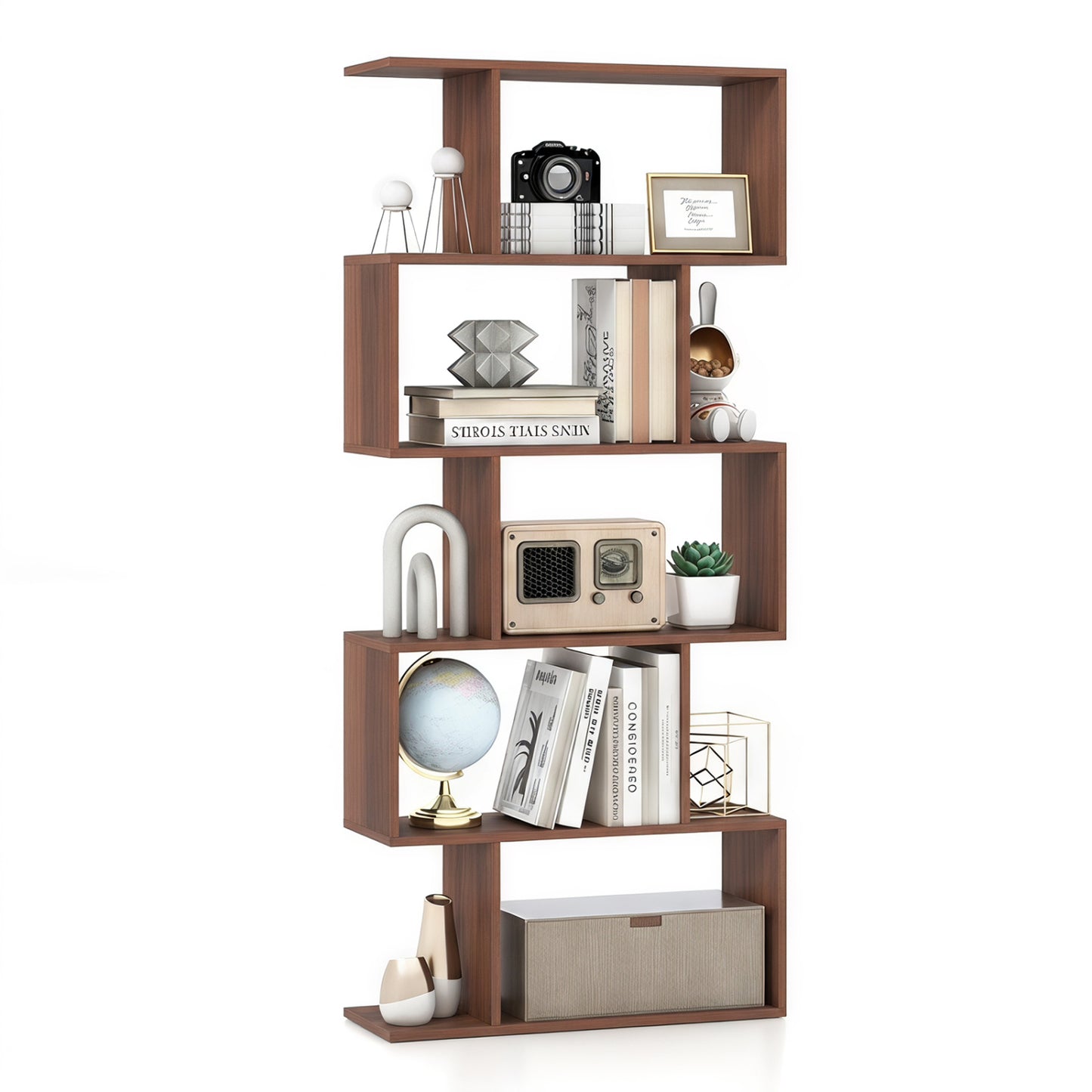 5-Tier S-Shaped Bookshelf with Anti-Tip Kit for Living Room Home Office-Walnut