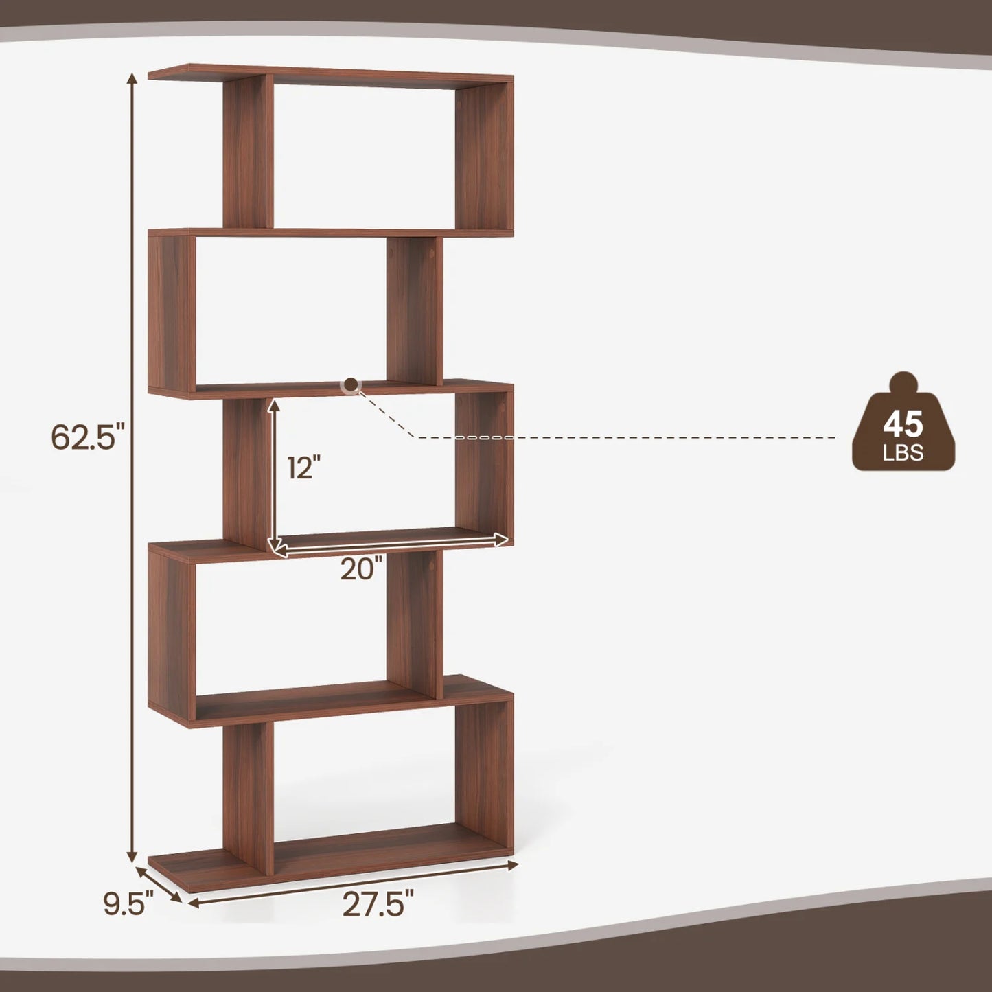 5-Tier S-Shaped Bookshelf with Anti-Tip Kit for Living Room Home Office-Walnut