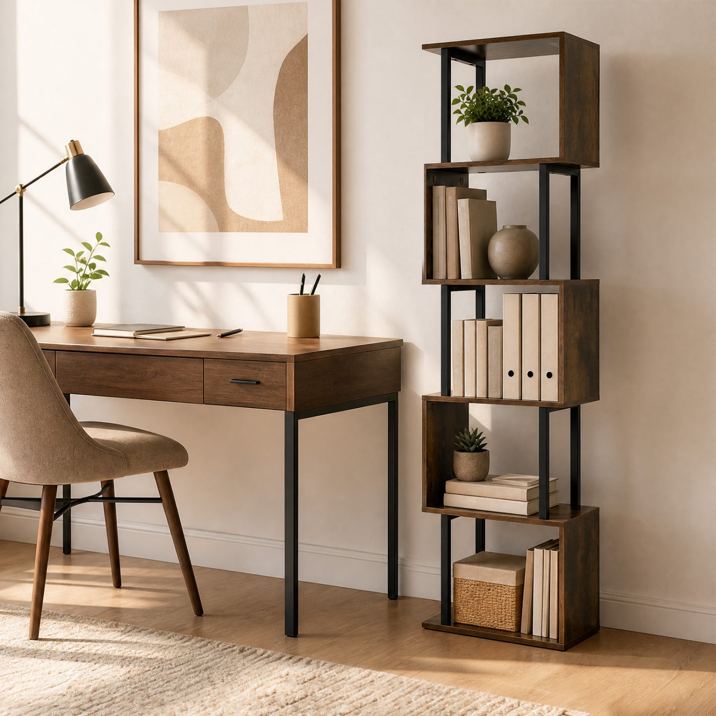 5-Tier S-Shaped Bookshelf w/ Open Cubes & Anti-toppling Kits for Living Room-Black