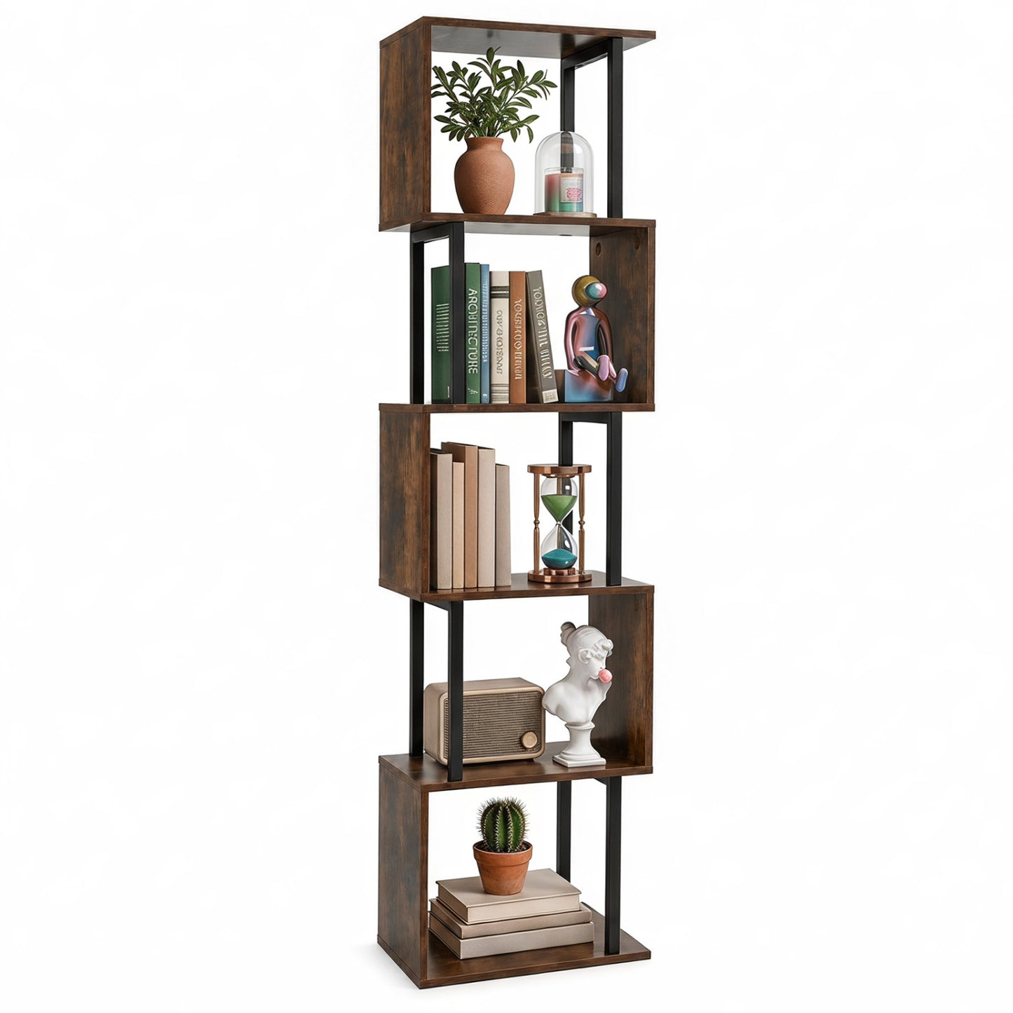 5-Tier S-Shaped Bookshelf w/ Open Cubes & Anti-toppling Kits for Living Room-Black