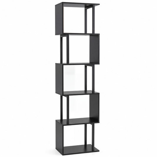 Black 5-tier S-shaped bookshelf with open cubes and anti-toppling kits, ideal for living room storage and organization.