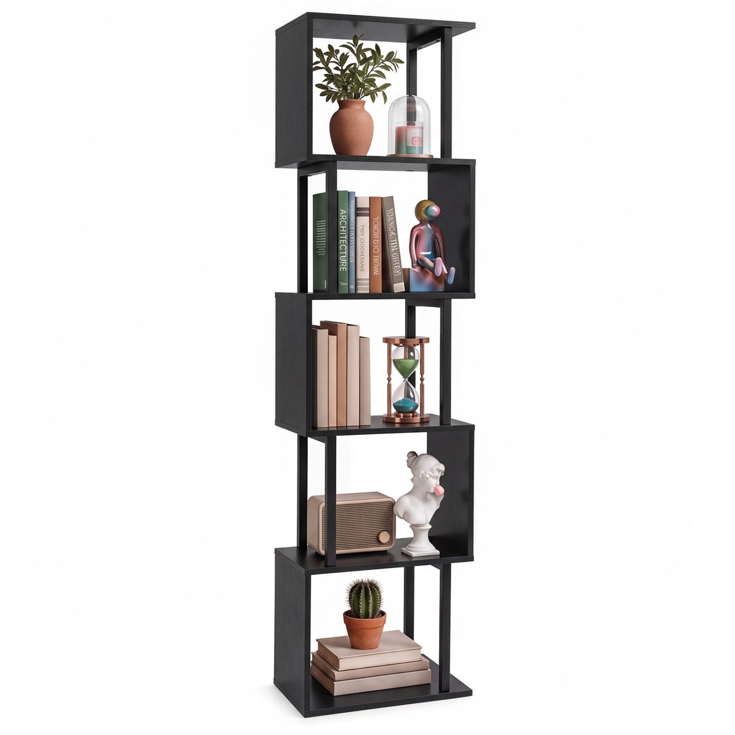5-Tier S-Shaped Bookshelf w/ Open Cubes & Anti-toppling Kits for Living Room-Black