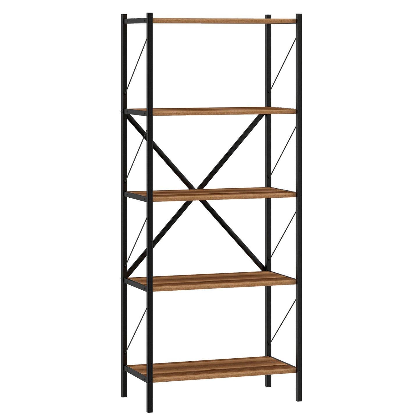 5-tier tall industrial bookshelf with walnut finish and heavy-duty metal frame, ideal for modern home office storage.