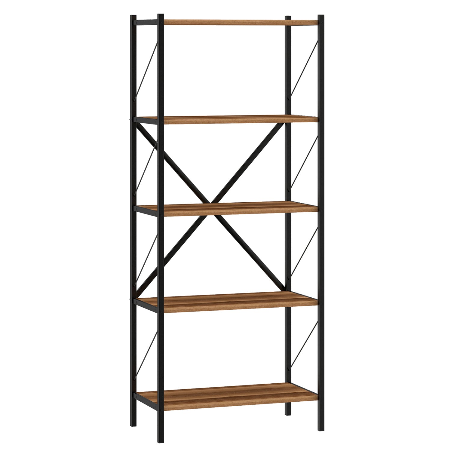 5-tier tall industrial bookshelf with walnut finish and heavy-duty metal frame, ideal for modern home office storage.