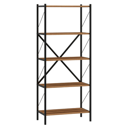 5-tier tall industrial bookshelf with walnut finish and heavy-duty metal frame, ideal for modern home office storage.