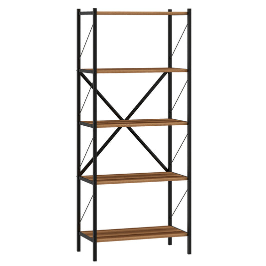 5-tier tall industrial bookshelf with walnut finish and heavy-duty metal frame, ideal for modern home office storage.