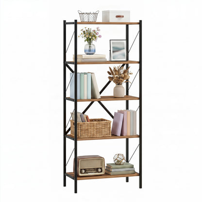 Industrial 5-tier tall walnut bookshelf with heavy-duty metal frame, modern storage solution for home office or living spaces.