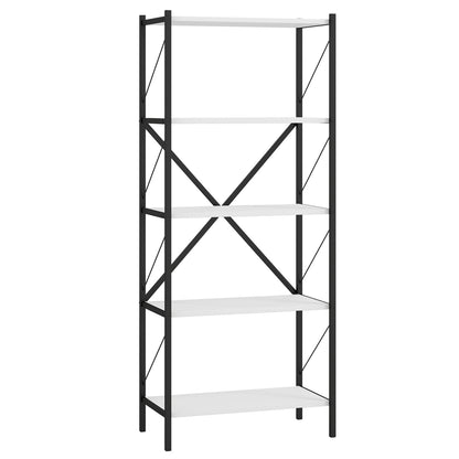 5-tier tall industrial bookshelf with heavy-duty metal frame and walnut finish, ideal for modern home office storage.