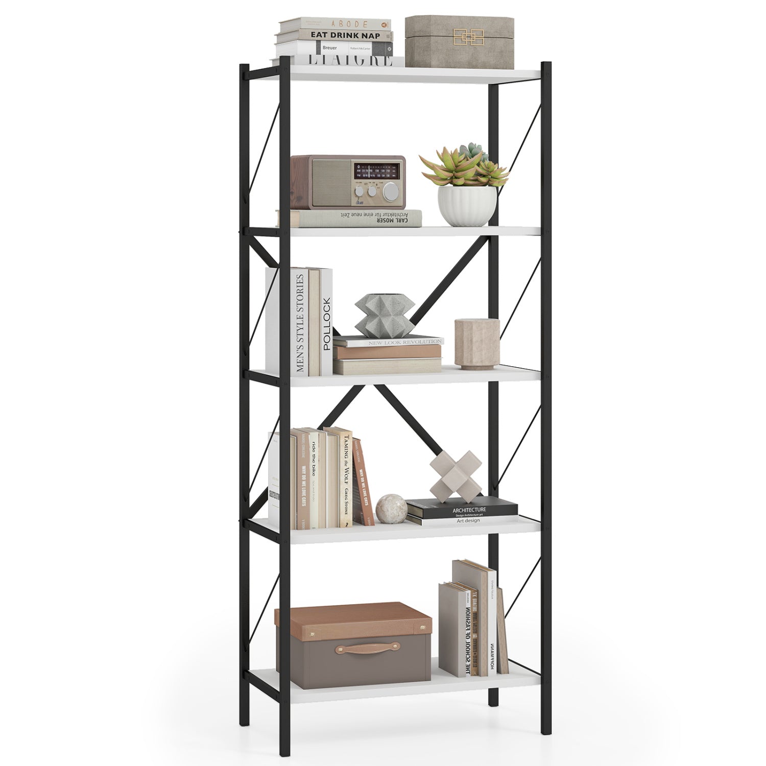 Industrial 5-tier tall bookshelf with walnut finish and heavy-duty metal frame, ideal for modern home office storage.