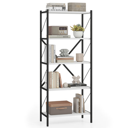 Industrial 5-tier tall bookshelf with walnut finish and heavy-duty metal frame, ideal for modern home office storage.
