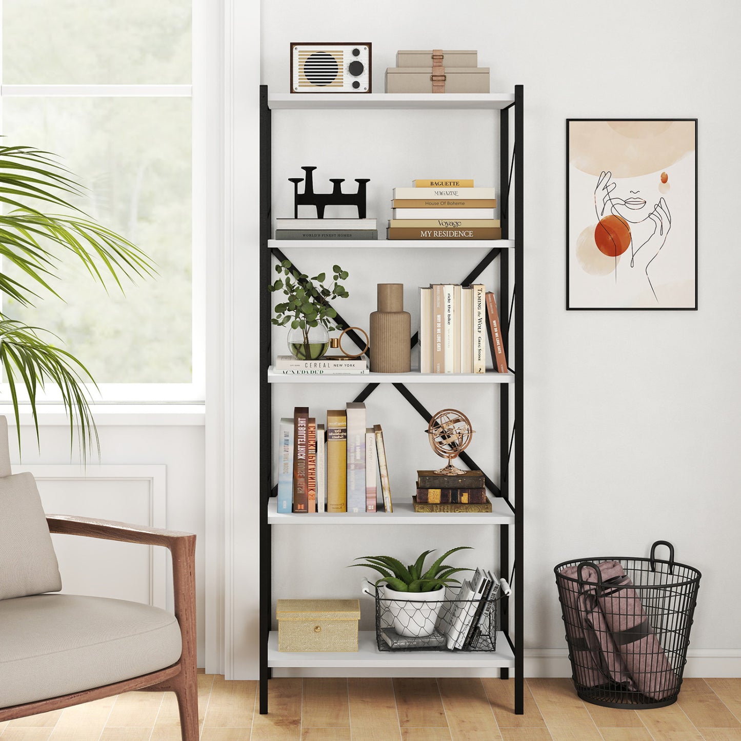 Industrial 5-tier tall bookshelf with heavy-duty metal frame and walnut finish, ideal for modern home office storage.