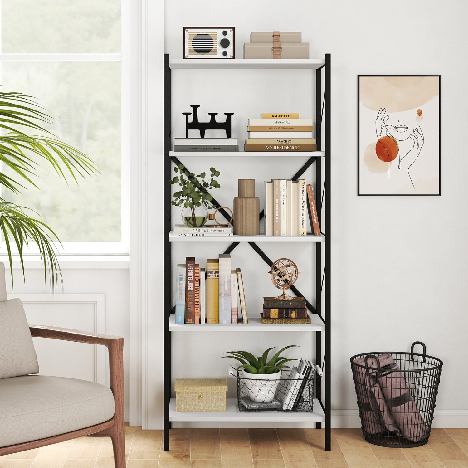 Industrial 5-tier tall bookshelf with heavy-duty metal frame and walnut finish, ideal for modern home office storage.