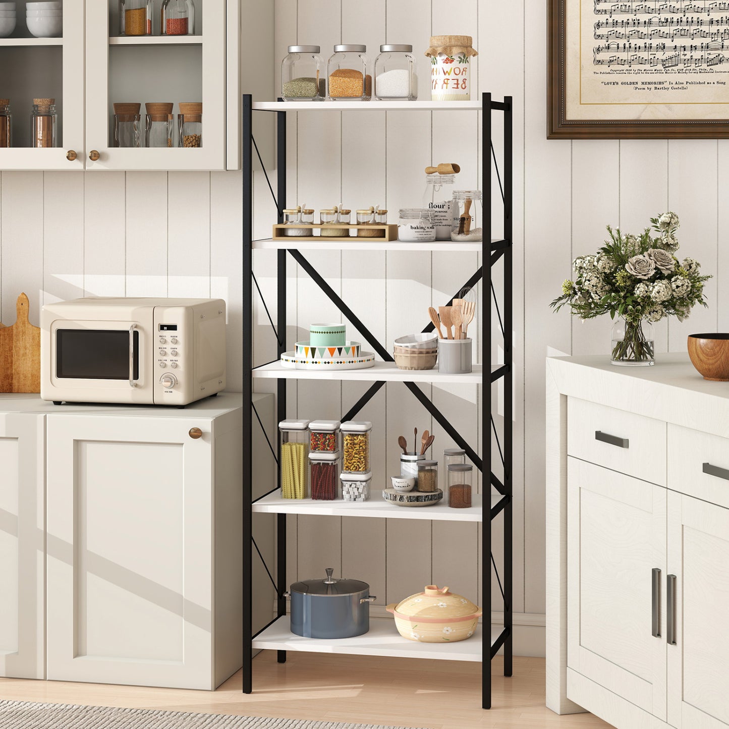 Five-tier tall industrial walnut bookshelf with heavy-duty metal frame, modern storage solution for home office or living room.