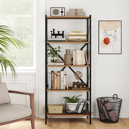 5-tier tall industrial walnut bookshelf with heavy-duty metal frame, modern home office storage furniture.