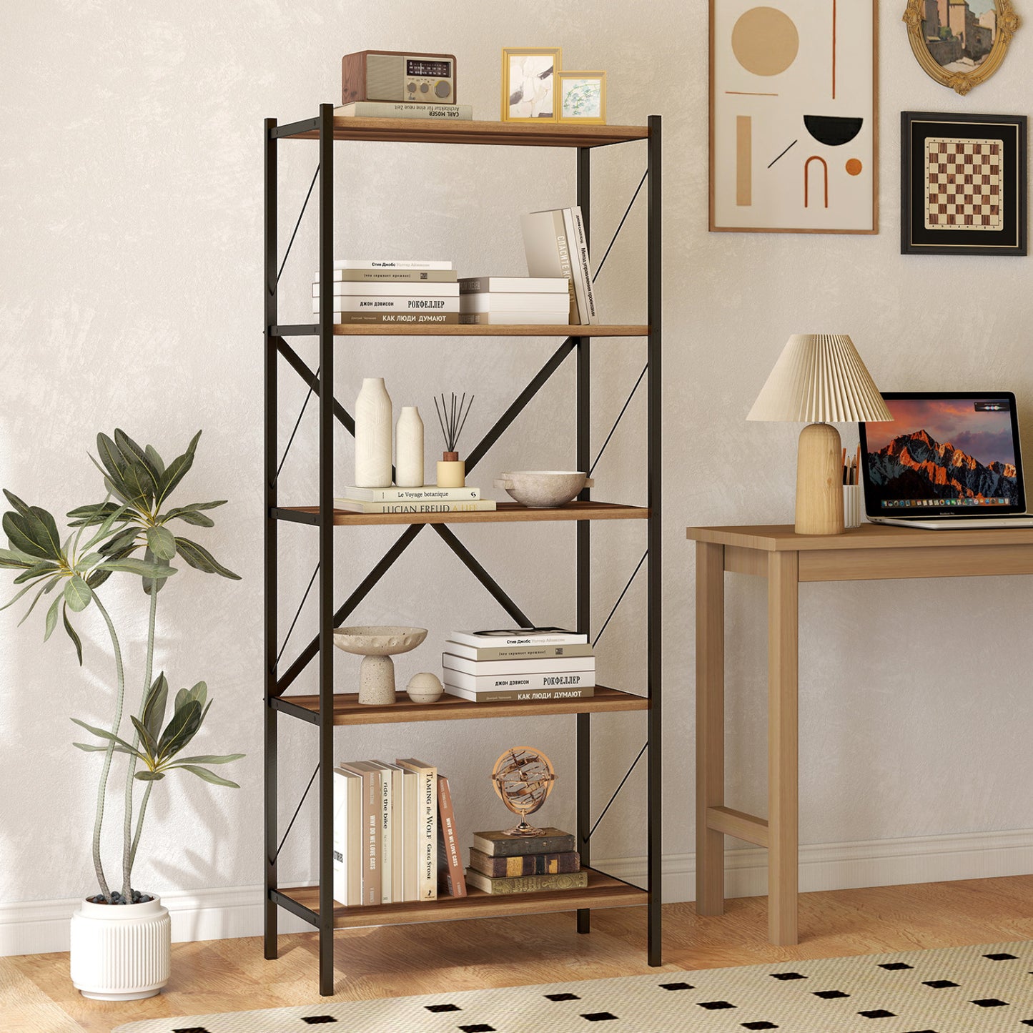 Industrial 5-tier tall bookshelf with walnut finish and heavy-duty metal frame, ideal for modern home office storage.