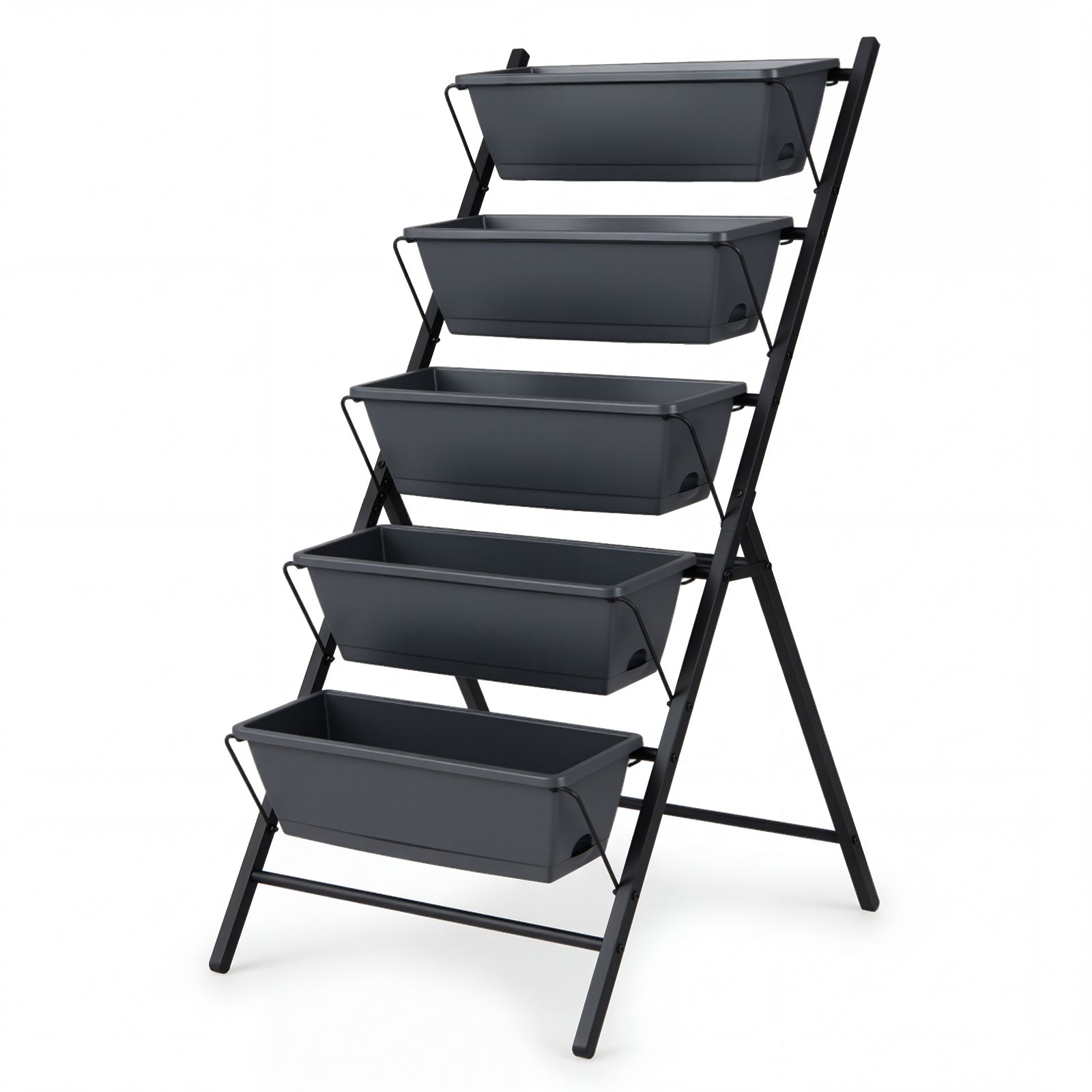 Black 5-tier vertical raised garden bed with drainage system and removable trays for vegetables, ideal for outdoor gardening.