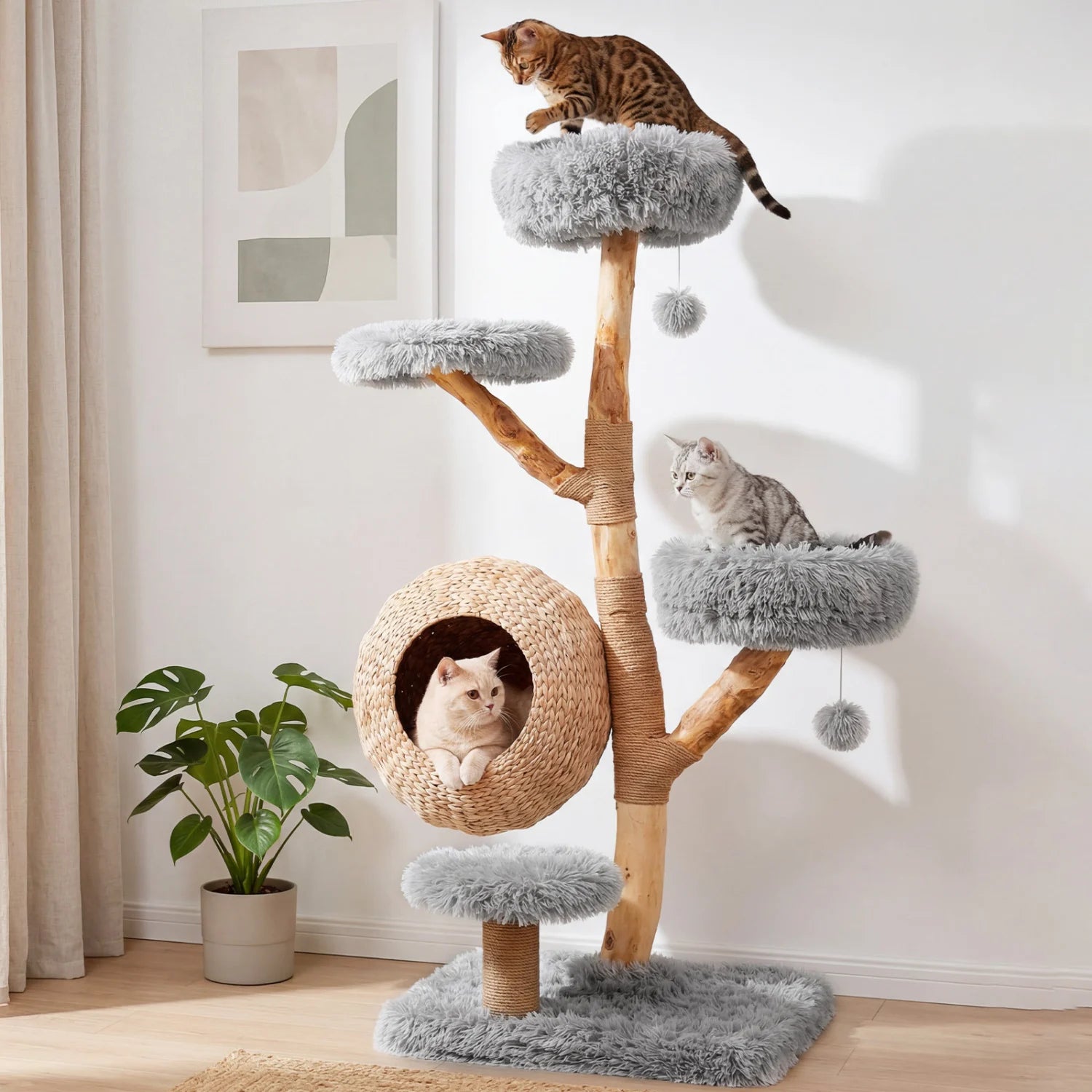 Gray 5-tier wooden cat tree from Wilsons Home Store with woven condo, plush perches, jute posts, and hanging balls for cats.