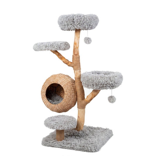 5-Tier Wooden Cat Tree with Woven Condo Plush Perches Jute Posts & Balls-Gray