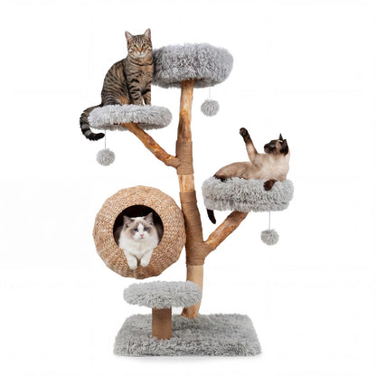 Gray 5-tier wooden cat tree with woven condo, plush perches, jute posts, and balls for cats to climb and play.